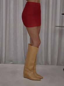 MUSERA 长款精纺针织纽扣开襟开衫和迷你裙套装，可爱优雅休闲街头风性感外出装扮，太妃糖色 - 酒紅色 - 查看 7