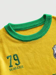 ROMWE MEN Sweater Rajut Sepak Bola Pria Kerah Bulat Gaya Preppy, Pakaian Olahraga Streetwear - Kuning - View 3