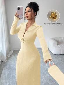 Modelyn French Design Sense Bodycon Dress, V-Neck Metal Decor Button, Waist Cinching Slimming Silhouette - Light Yellow - View 1