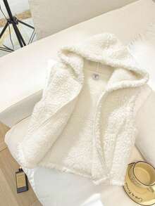 SHEIN 少女休闲街头风舒适双面抓绒连帽拉链短款无袖外套，杏色