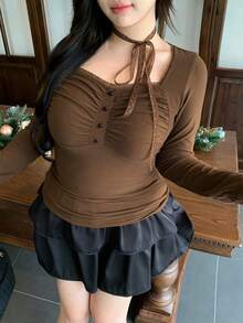 Dazy Plus Áo thun ngắn tay dài buộc dây màu trơn cỡ lớn dành cho nữ, mùa xuân/thu - màu nâu - Xem 9