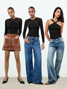 Maija Damski czarny top casualowy z ozdobnymi oczkami, uniwersalny na lato i na każdą porę roku, nowoczesny, miejski szykowny design, wygodny, dopasowany krój, ozdobny pasek w kształcie litery X, biznesowy, swobodny top streetwear z odkrytymi ramionami, bluzka uniwersalna inspirowana Y2K