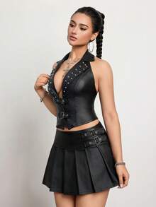 Jeanoix Punk Chic Rivet Spaghetti Strap Black Coated Camisole, Unique Design Fitted Tank Top For Women - Black - View 4