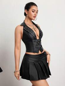 Jeanoix Punk Chic Rivet Spaghetti Strap Black Coated Camisole, Unique Design Fitted Tank Top For Women - Black - View 6