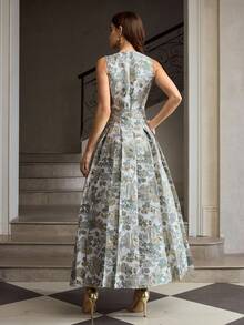 ZEYLAH Váy xếp ly cổ chữ V họa tiết hoa jacquard thanh lịch dành cho nữ - Xám - Xem 3