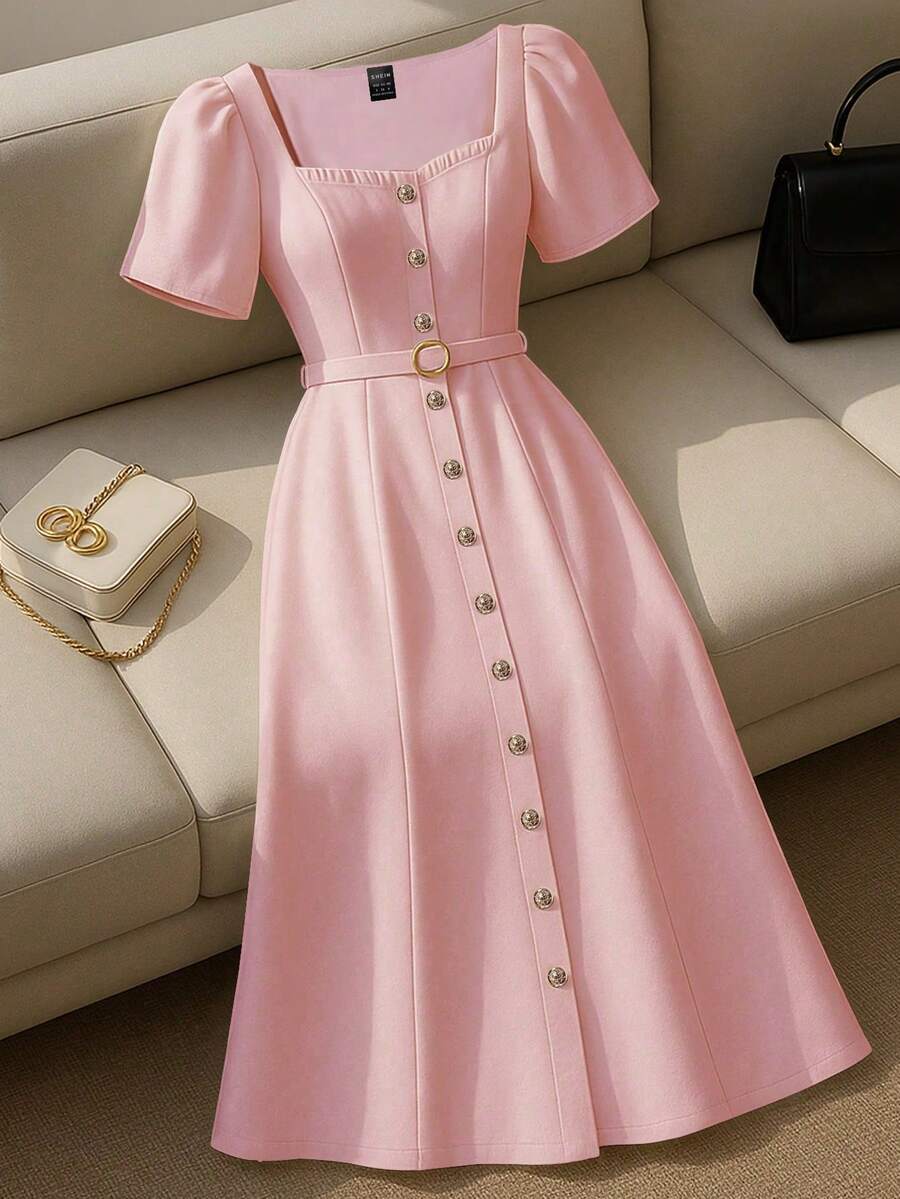 Franclia 女士纯色心形领短泡泡袖单排扣优雅中长连衣裙纽扣连衣裙法式连衣裙粉色腰带连衣裙夏季连衣裙大学校园服装 - 粉色 - 查看 1