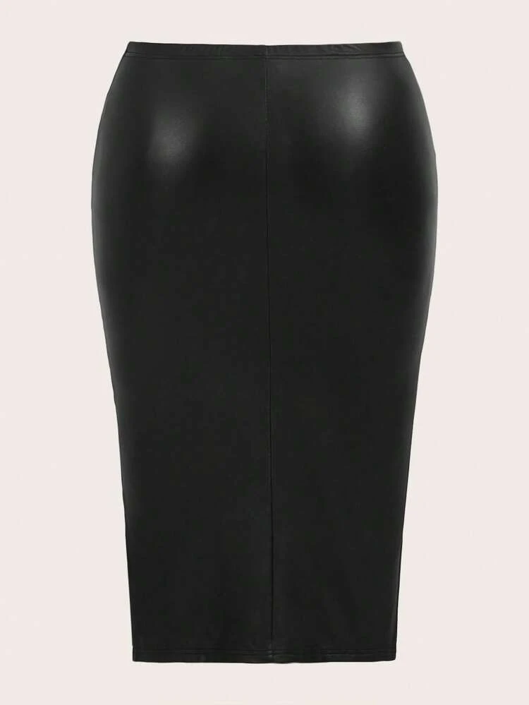 Plus Split Hem PU Leather Pencil Skirt, For Winter