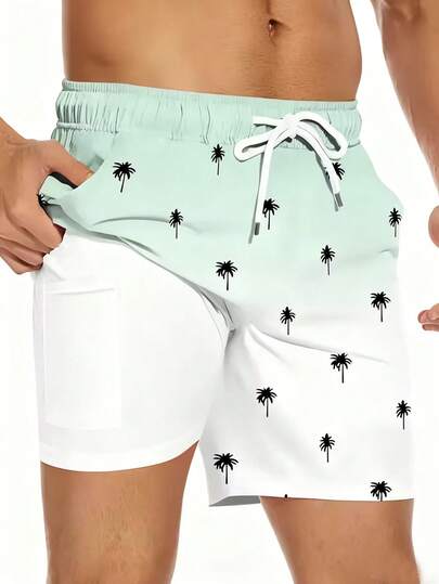 SHEIN Teen Boys' Green Ombre Palm Tree Print Double-Layer Swim Trunks, Casual, Collegiate, Comfortable, Fashionable, Versatile, Soft Fabric, Suitable For Daily Wear, Casual, Beach, Pool, Music Festivals, Surfing, Spring/Summer