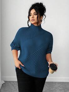 Elenzga Plus Size Women's Solid Color Turtleneck Knit Pullover Sweater, Versatile For Daily Wear, Winter - Royal Blue - View 3