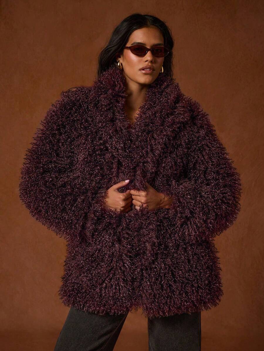 SHEIN Glamour Classic Solid Color Fashionable & Versatile Warm Wool Blend Jacket For Winter - Burgundy - View 1