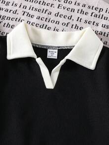 SHEIN 女童撞色短袖 Polo 衫搭配休闲裤，两件套服装 - 黑色 - 查看 8