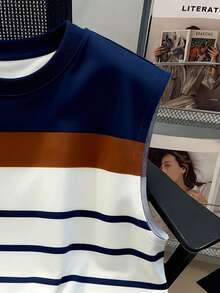 男士条纹印花休闲舒适圆领背心