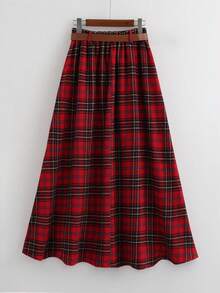 Franclia 休闲时尚百搭弹力腰带棕色皮带，褶裥复古圣诞格子中长裙，女士秋季款 - 紅色 - 查看 2