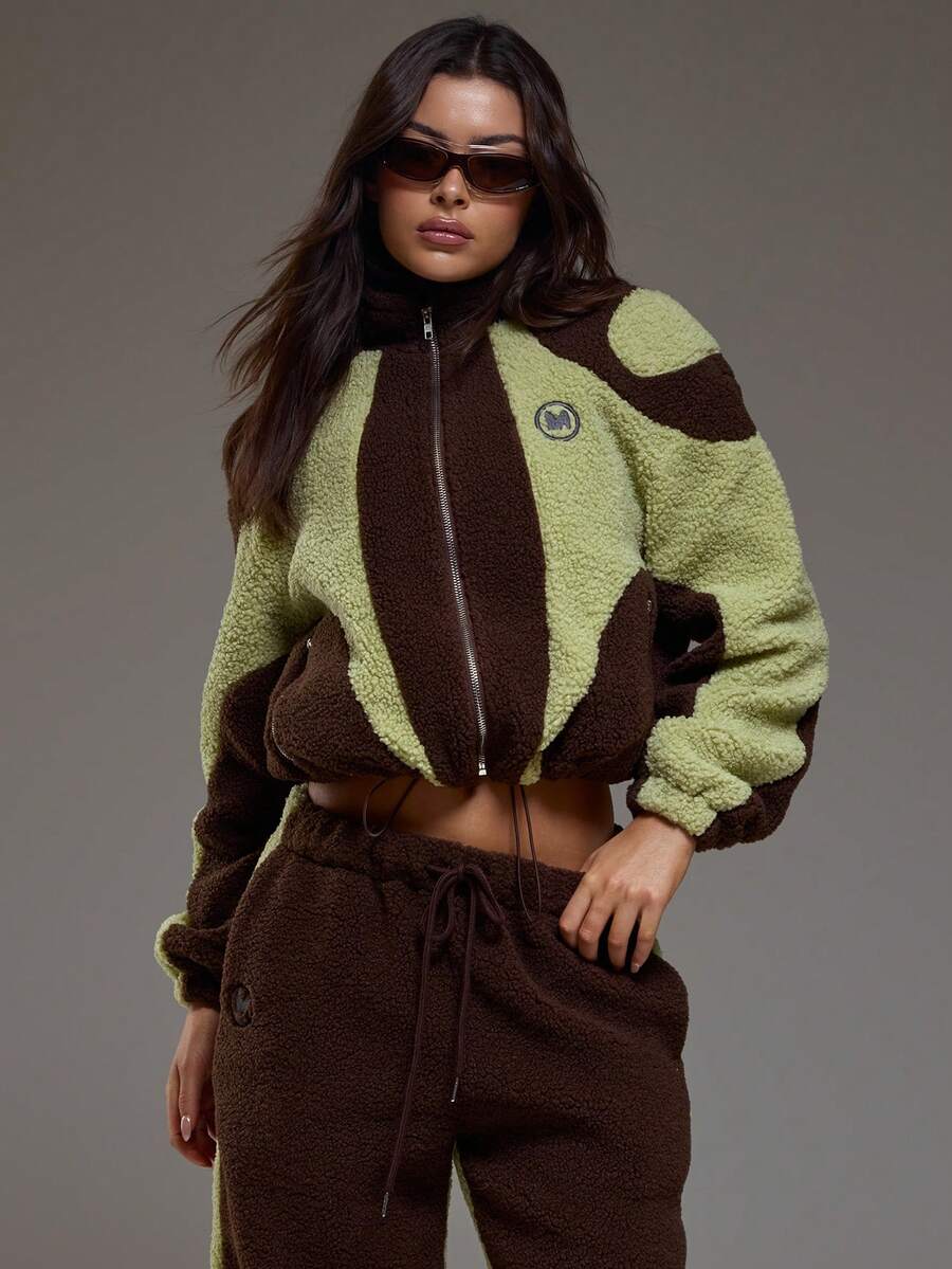 MUSERA 高领撞色刺绣“M”标志羊羔绒外套套装上衣（仅上衣）冬季酷女孩舒适可爱户外探险春季 - 彩色 - 查看 1