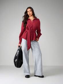 MISSGUIDED Belted Stripe Deep Cuff Poplin Shirt In Burgundy And White, Women - Burgundy - View 4