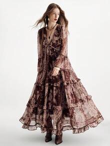 Aveloria Modichic 波西米亚风雪纺飘逸连衣裙，荷叶边装饰，宽松版型，深V领长袖 - 彩色 - 查看 3