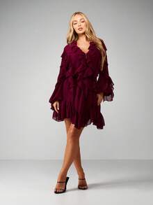MISSGUIDED Burgundy Chiffon Ruffle Detail V-Neck Long Sleeve Mini Dress With Tiered Frills And Bell Sleeves For Fall Winter Party Occasions - Burgundy - View 3