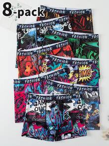 Quần lót nam tuổi teen - 8 chiếc quần boxer in hình graffiti, cạp chun, nhiều màu sắc, thích hợp cho cả bốn mùa, thiết yếu cho năm mới 2026, đa năng và thoải mái, ấm áp và phong cách dễ thương. - Nhiều màu - Xem 1