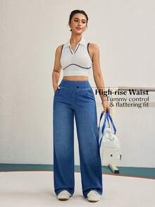 Flexra Damskie jeansy z wysokim stanem i kieszeniami, z szerokimi nogawkami, luźne, uniwersalne - Niebieski - Zobacz 6