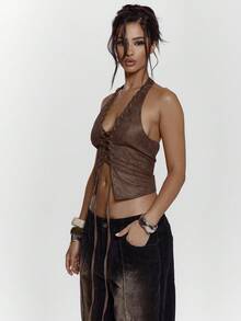 MUSERA V Plunge Faux Leather Lace Up Eyelet Stitched Detail Open Back Halterneck Top Sexy Going Out Night Out Winter Cute Streetwear Feraux Spring Summer Festival - Coffee Brown - View 4