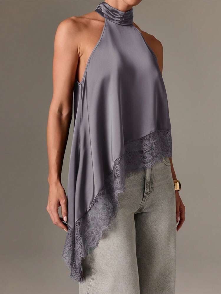 High Neck Satin Top With Lace Hem