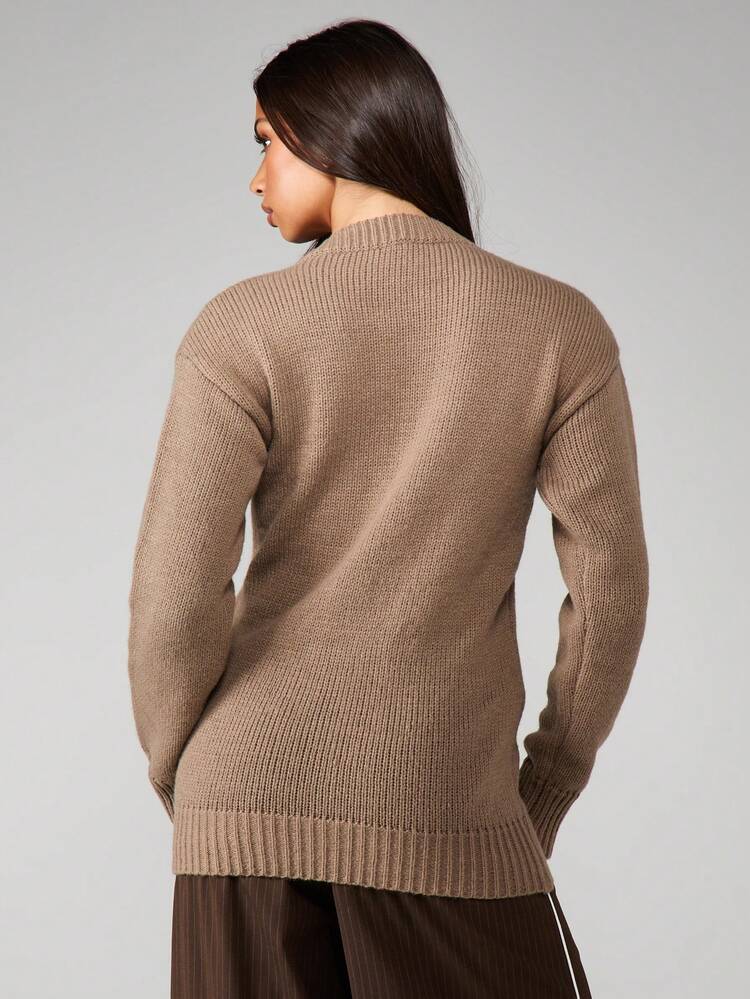 MISSGUIDED Ribbed Knit Crew Neck Sweater With Button Detail Long Sleeve Fall Winter Casual Pullover