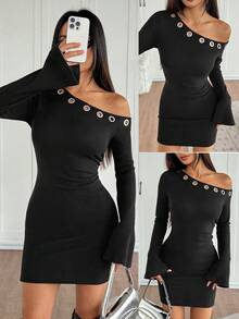 Franclia 1pc Women's Solid Color Knitted Textured Ruched Asymmetric Collar Long Sleeve Cinched Waist Flare Blouse - Black - View 8