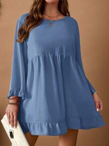 EMERY ROSE Bluzka damska w dużym rozmiarze, jednokolorowa, z okrągłym dekoltem i długim rękawem, z falbaną u dołu