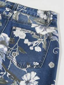 ROMWE Fairycore 复古印花水洗宽松阔腿牛仔裤（女款） - 藍色 - 查看 2