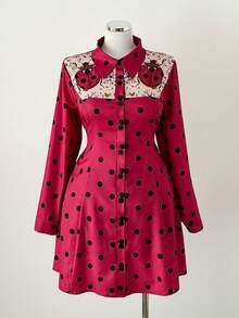 Sunspun 大码女式长袖波点连衣裙，秋冬红色圣诞女式西部连衣裙复古女装波点连衣裙女式复古连衣裙碎花波点连衣裙 - 彩色 - 查看 3