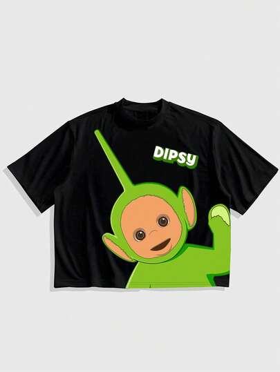 ROMWE MEN Teletubbies X ROMWE 男士字母卡通图案黑色圆领短袖T恤