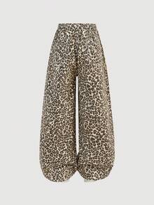 SHEIN Girlism Tween Girls' Drawstring Waist Leopard Print Wide Leg Loose Casual Jeans - Multicolor - View 2