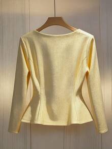 GlowEve CURVE Áo sơ mi nữ cổ tròn tay dài thanh lịch, thắt eo màu be cỡ lớn - Màu vàng - Xem 2
