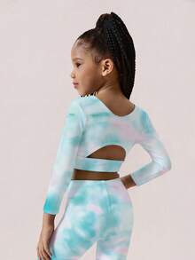 SHEIN Young Girls Activewear Set, Colorful Pattern, Bright & Vivid, Long Sleeve Top With Cutout Back Design + Pants Set, Suitable For Gymnastics Training, Daily Wear, And Casual Outings - Multicolor - View 4