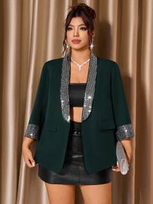 Cravure Áo khoác nữ cỡ lớn hở trước, tay 3/4, đính sequin, thời trang và phù hợp để mặc dự tiệc, cảm giác sang trọng cao cấp, mùa thu/đông - Màu xanh lá cây đậm - Xem 4