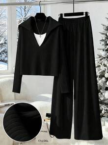 GlowEve 女士针织长袖上衣和灯芯绒衬里阔腿直筒裤两件套，休闲日常通勤时尚法式街头复古商务度假杏色秋冬家居服 - 黑色 - 查看 6