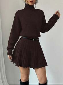 Rafferiza 2pcs Set: Solid Color Loose Pleated Skirt & Turtleneck Sweater - Coffee Brown - View 3