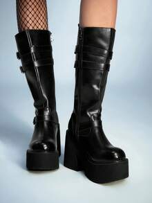 Sugerpunk 女士时尚通勤可调节搭扣厚底坡跟过膝长靴 - 黑色 - 查看 3