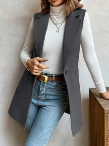 BizChic 女士秋冬翻领无袖中长款羊毛混纺大衣，商务休闲通勤优雅办公装，适合感恩节、圣诞节、新年等场合。 - 深灰色 - 查看 2