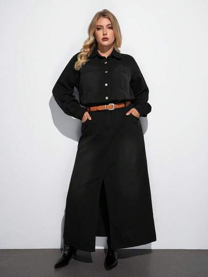 Maija 大码时尚通勤长款牛仔连衣裙