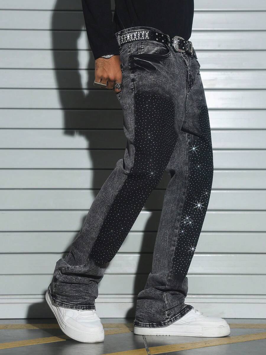 PAVTROS Men's Fashionable American Washed Shadow Rhinestone Embellished Flared Jeans Glitter Jeans - Grey - View 1