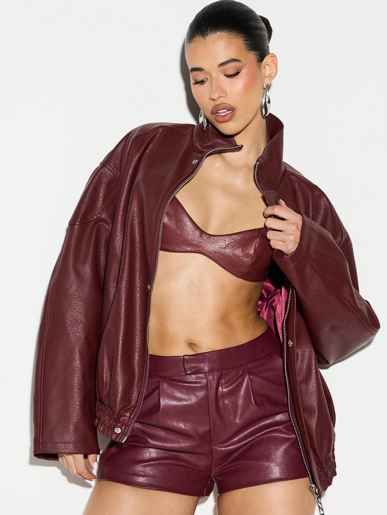 KIZN Burgundy Faux Leather Bomber Jacket With Stand Collar