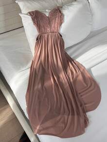 DAZY 透视蕾丝撞色网纱高开衩露背吊带性感睡裙女士内衣 - 藕粉色 - 查看 9