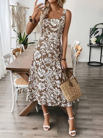 EMERY ROSE Women's Floral Print Sleeveless Crew Neck Casual Midi Dress For Vacation,Bohemia