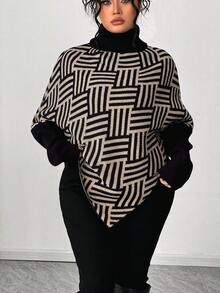 Elenzga Plus Size Asymmetrical Batwing Sleeve Turtleneck Contrast Color Knit Sweater, Casual & Comfortable Fall Winter - Multicolor - View 3