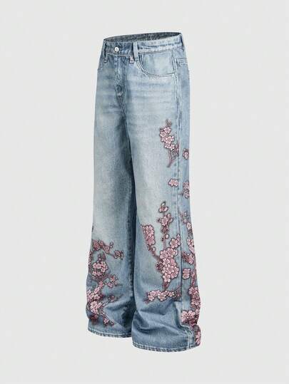 Street Life Jeans à jambe large à imprimé floral ample pour hommes, style streetwear