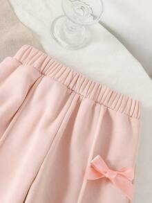 SHEIN 两件套女童时尚灰色圆领长袖上衣和阔腿裤，饰有蝴蝶结，秋冬季 - 粉色 - 查看 5