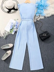 SHEIN Teen Girl Solid Color Round Neck Cap Sleeve Button Design Wide Leg Casual Jumpsuit - Blue - View 2