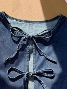 Comfortcana Plus Size Denim Jacket, Casual Loose Tie-Waist Bow Decor Ruffle Trim, Blue, Fall Women Clothes - Dark Wash - View 4