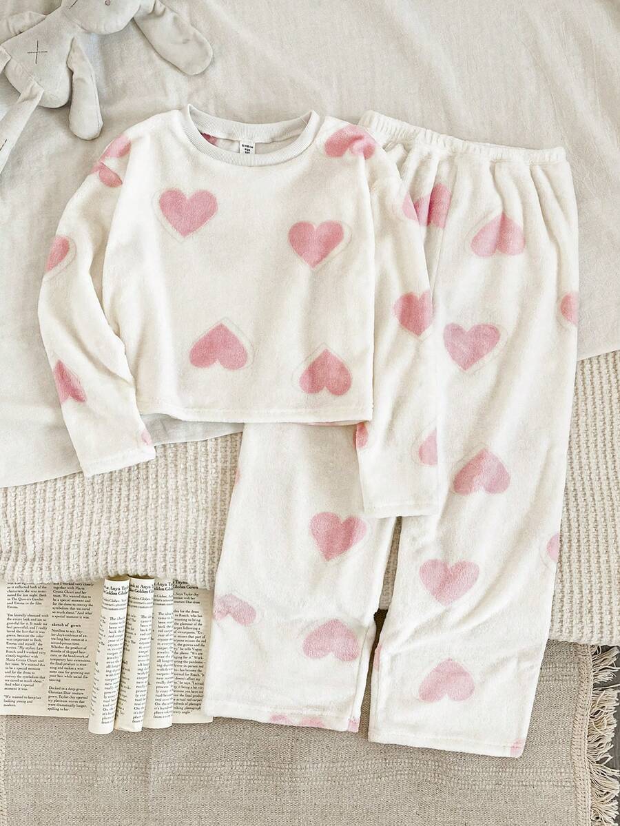 SHEIN 2pcs Tween Girls Heart Print Thermal Lined Crew Neck Long Sleeve Top And Pants Pajama Set, Autumn/Winter Tween Lounge Set Two Piece Sleep Set Soft Pajamas Set Girls Lounge Set - White - View 1